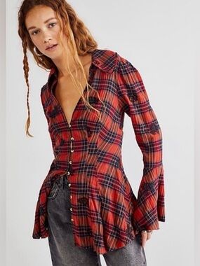 FREE PEOPLE Ezra Plaid Embroidered Tunic Top Bell Sleeve XS